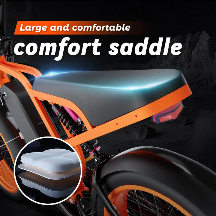 Large comfortable comfort saddle on Boombike Bluvall SU8 moped ebike, highlighting ergonomic design for enhanced riding experience.