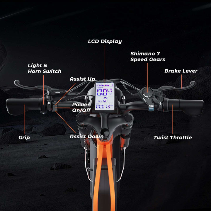 Boombike Bluvall SU8 moped ebike handlebars with LCD display, Shimano 7-speed gears, brake lever, and twist throttle controls.