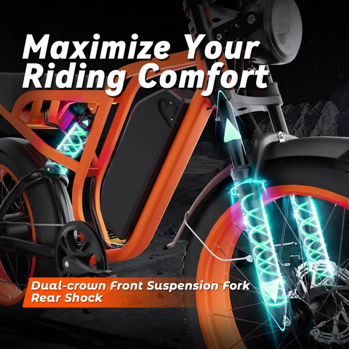 "Boombike Bluvall SU8 moped ebike with dual-crown front suspension fork and rear shock for maximum riding comfort"